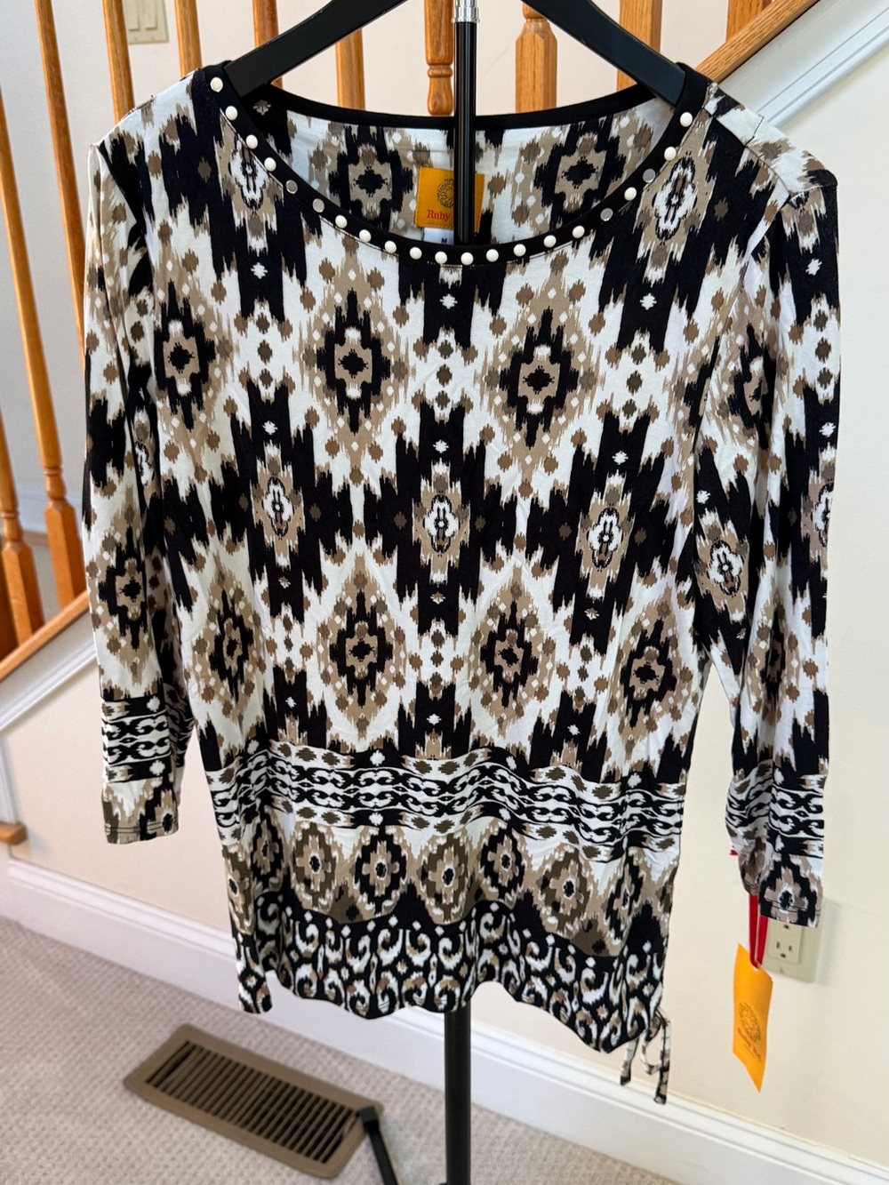 Ruby Rd. Black, Beige & White Patterned Tunic with Stud Trim